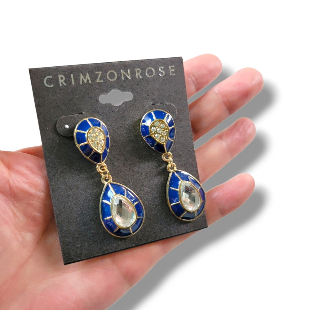 Crimzon Rose | NWT Gold/Blue Enamel Crystal Teardrop Dangle Earrings